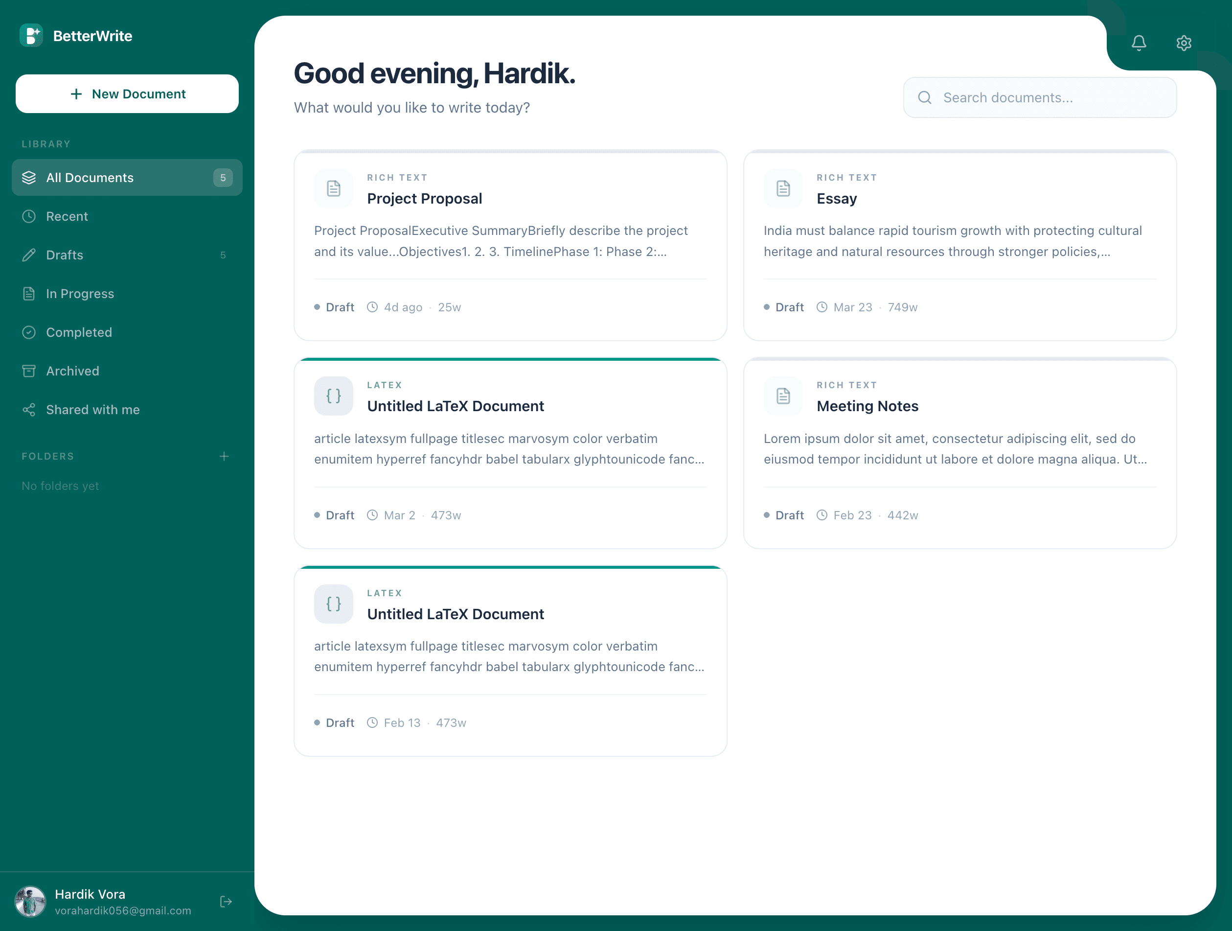 BetterWrite dashboard showing documents and writing environment